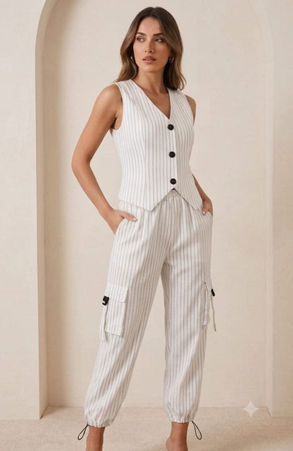 Completo Donna Gessato con Gilet e Pantaloni Cargo