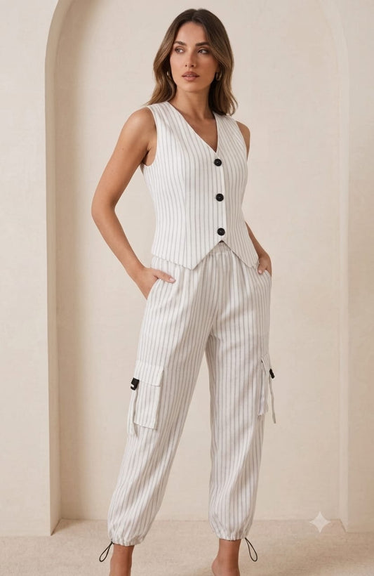 Completo Donna Gessato con Gilet e Pantaloni Cargo