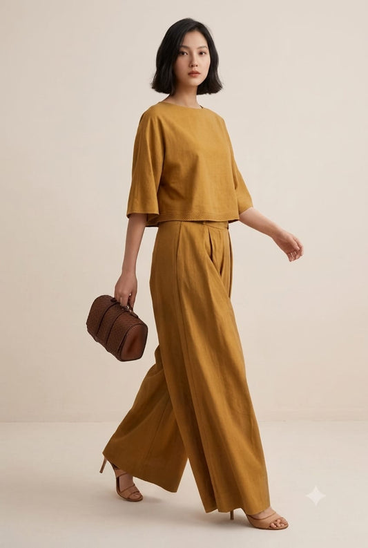 Completo Donna Elegante Senape in Lino e Cotone